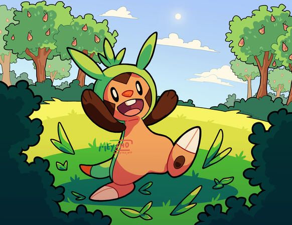 Fullbody character (Chespin) illustration with complete background and cell shading.