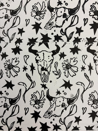 Repeating pattern linocut print published in "The Apprentice" by AHSC Publications at Western University.